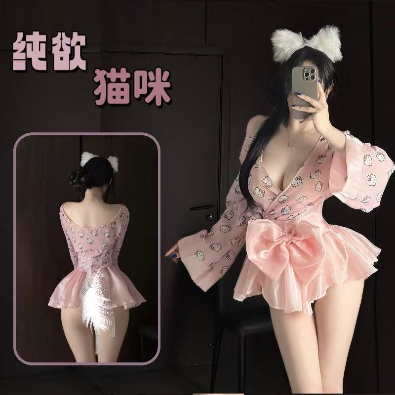 Japanese-Style Kitty Cat Print Kimono Lingerie Set with Bow Tie and Deep V — detail image 1