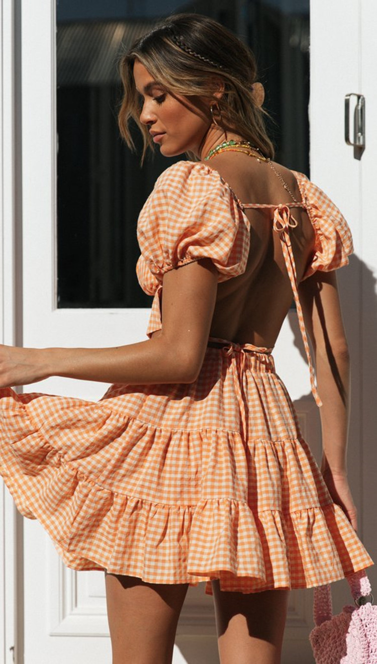 Plaid Tops Backless Lace-Up layered Skirt set NSJKW120453