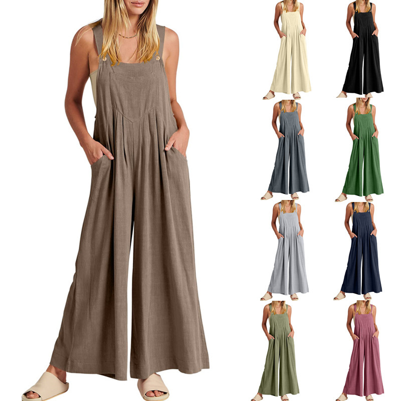 in stock Amazon 2025TEMU Independent Station European and American Women's Solid Color Loose Casual Cotton and Linen Strap Jumpsuit