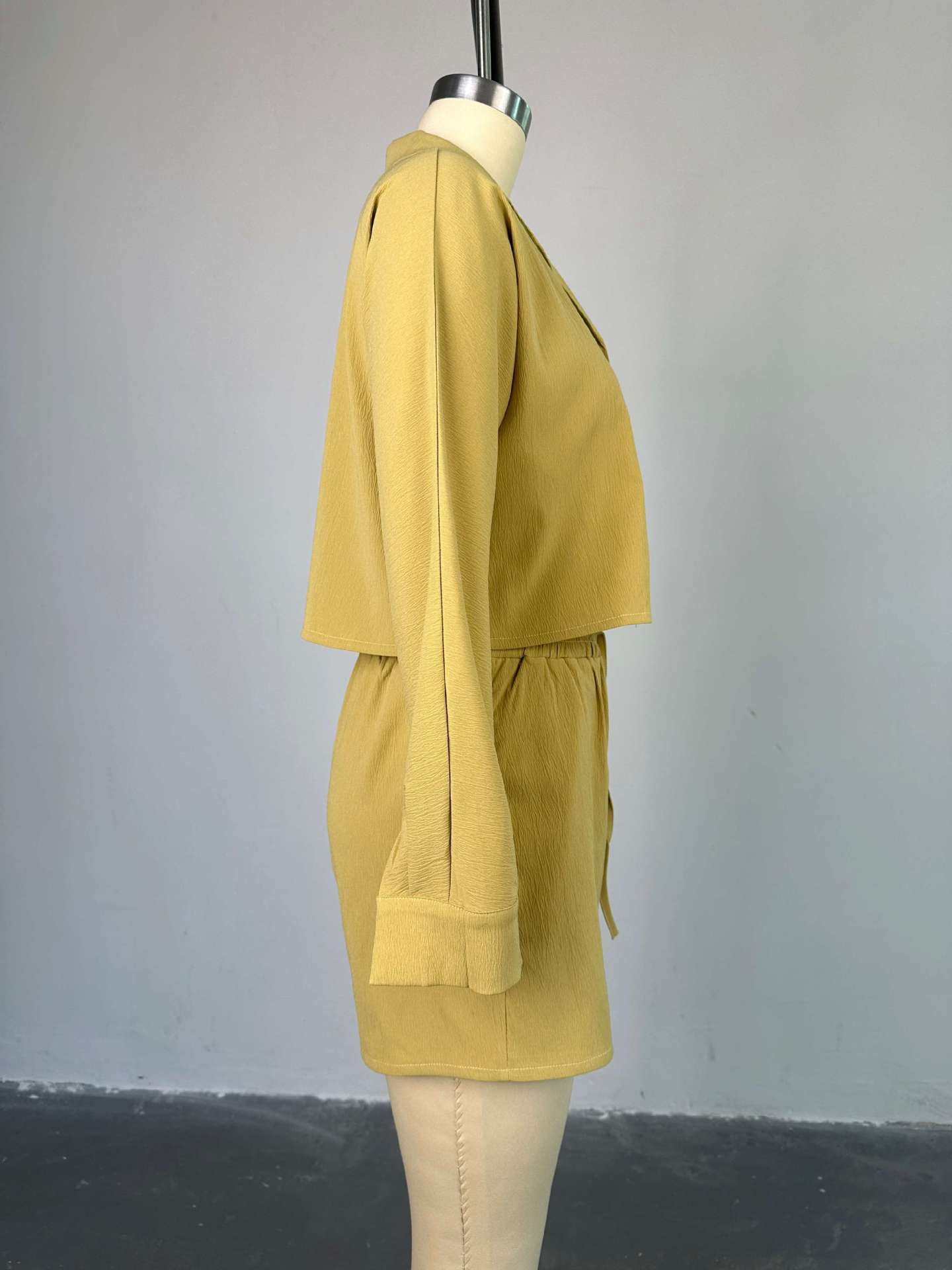 Women Clothing Summer Sweet Fresh Suit Collar Long Sleeve Shirt High Waist Drawstring Shorts Casual Suit