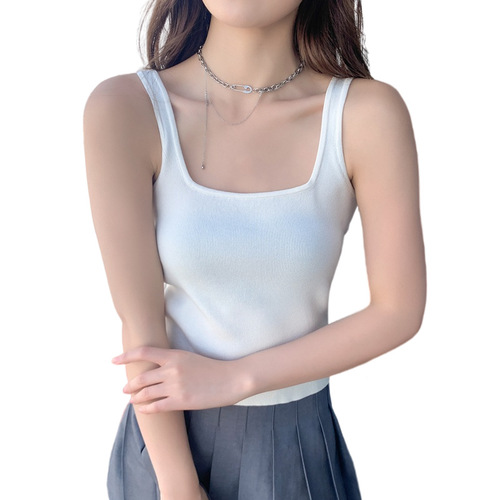 New Summer Women's Sheer Knit Tank Top with Square Neck, Backless Casual Top for Trendy Girls, Short-Sleeved Underwear and Base Layer Shirt