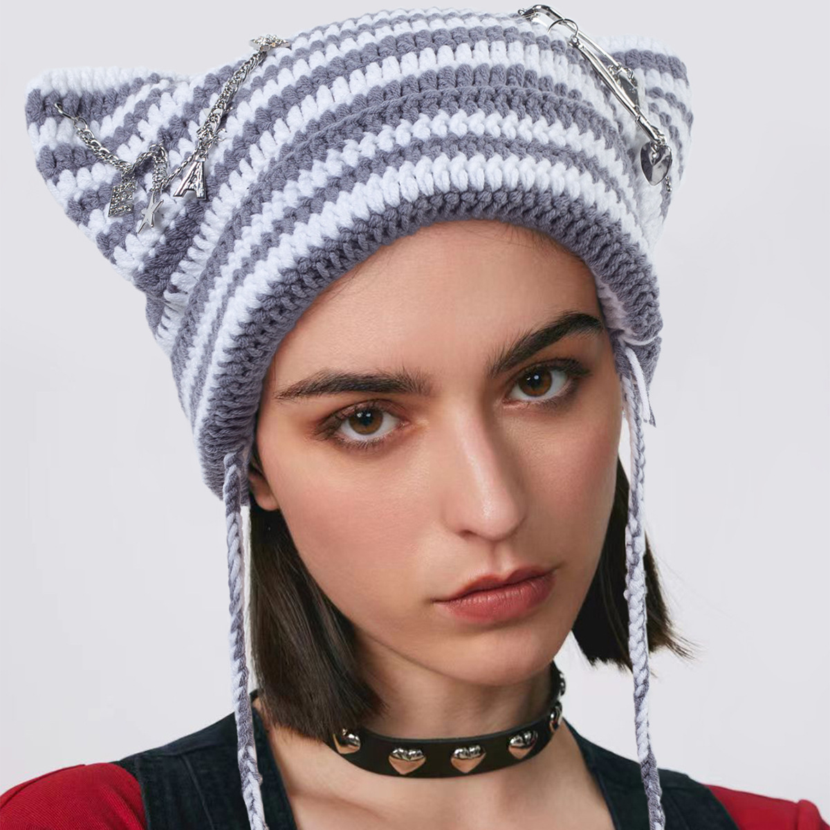 Süße kleine Teufel gestreifte gestrickte Wollmütze weibliche Herbst und Winter coole trendige Katzenohren süße Pullover kalte Mütze_voghion.com