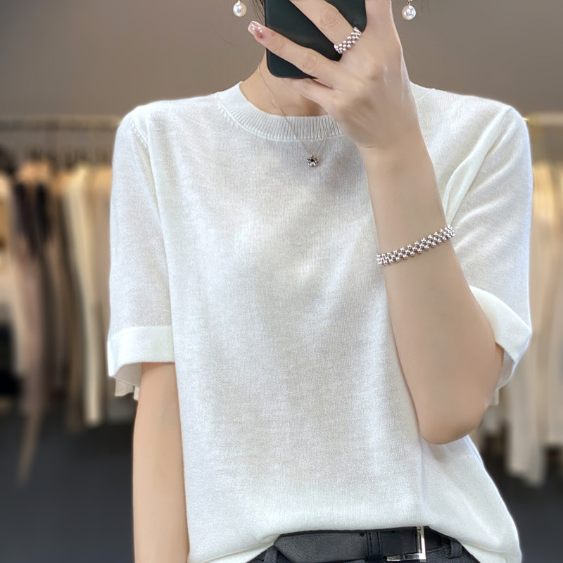 25 Summer New Fine Imitation Wool Knitted Short-sleeved T-shirt Women's Solid Color Simple Loose Half-sleeved Thin Top