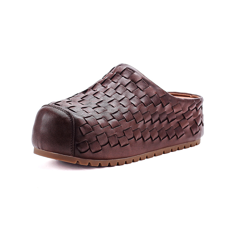 Sandal cao gót nữ da thật mũi nhọn đan thủ công, gót 9 cm — màu nâu