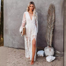 2021春夏跨境亚马逊新款欧美女装 蕾丝长袖V领纯色雪纺夏季连衣裙