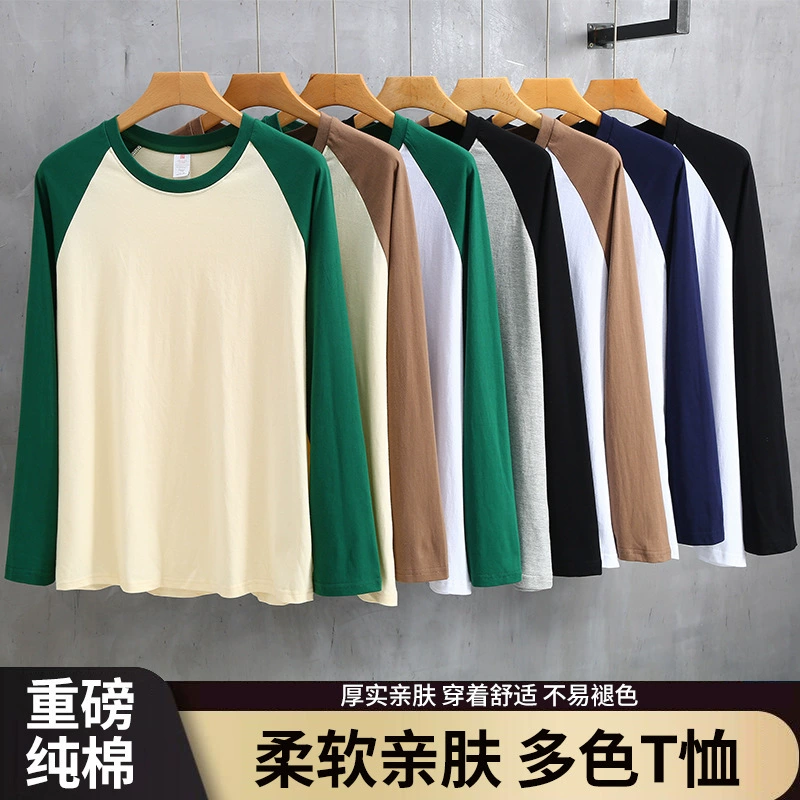 Оптовая продажа новых хлопчатобумажных рубашек-регланов с длинным рукавом, 220 г, классического дизайна, плотной ткани, однотонные, с круглым вырезом, для мероприятий и командной формы.