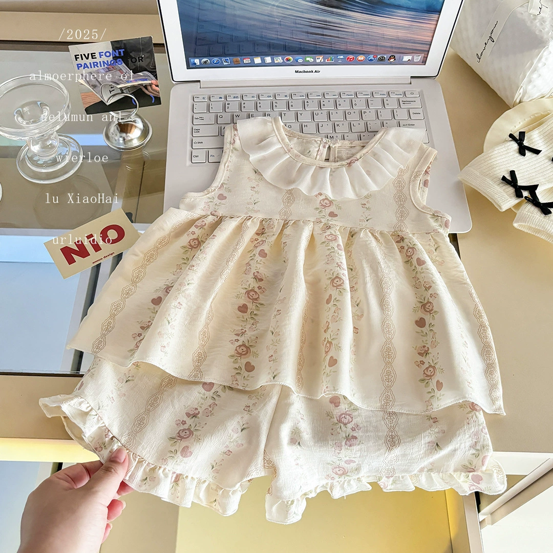 Летний тонкий маленький костюм принцессы без рукавов для девочек, мило юбка, картина набор, цветы, детская одежда