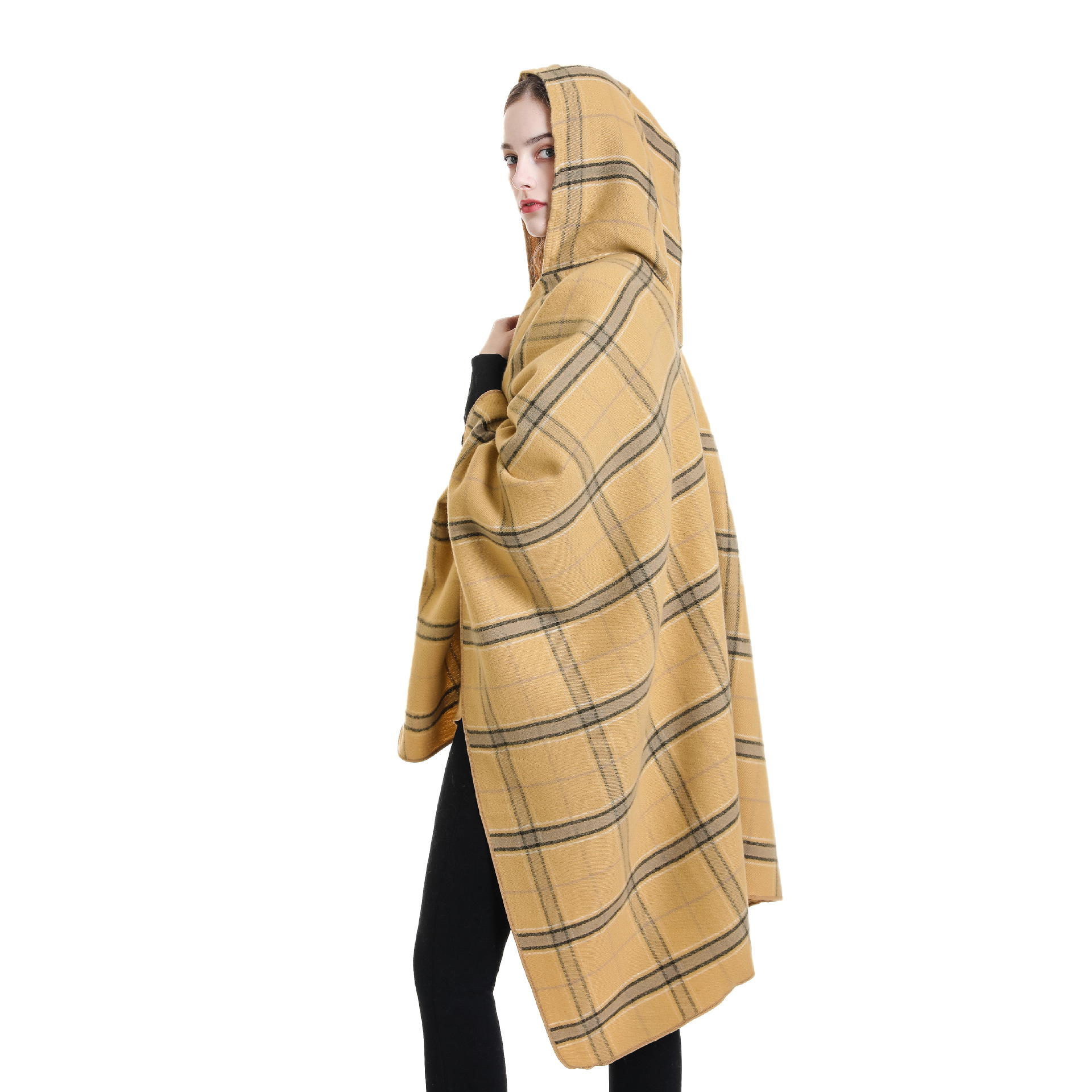 2022 nuevo mantón estilo coreano Otoño e Invierno Cachemira monocromo de las mujeres rayas split con capucha del cabo moda caliente