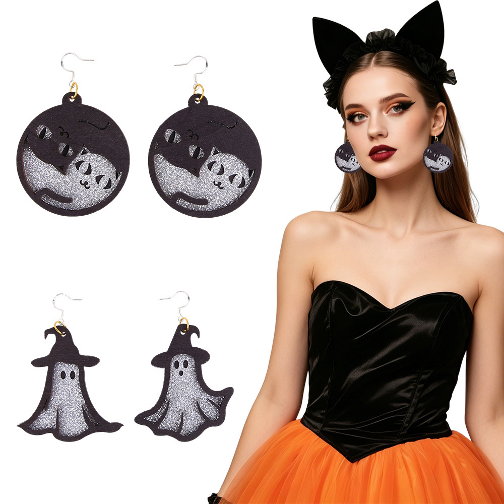 Pendientes de madera transfronterizos de Halloween polvo brillante de gato pendientes fantasma de fiesta de maquillaje decoración oscura aretes de viento