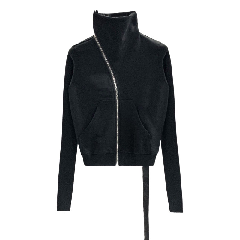 SUBHUMAN Chaqueta de sudadera cepillada de algodón con cuello alto y cremallera diagonal con cinta de línea secundaria de estilo oscuro para mujer