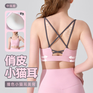 Contrast Color Kitten Ear Beauty Back Sports Underwear Women's Fixed Cup Yoga Camisole Vest Outer Wear Running Fitness Bra