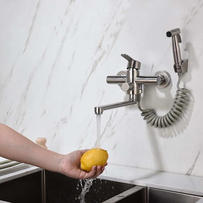 Russian Hot-Selling Wall-Mounted Cold Faucet Kitchen Sink 304 Stainless Steel Faucet with Spray Gun Water