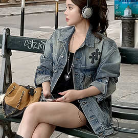 2025早秋新款重工水洗Polo领长袖牛仔外套宽松休闲外搭开衫上衣