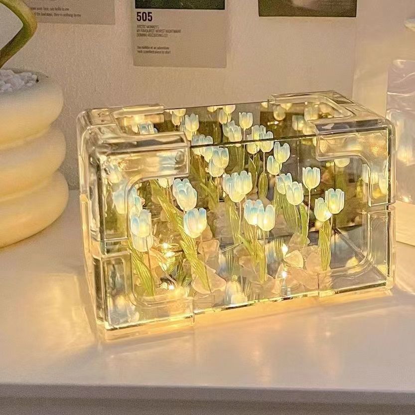 Diy Tulipan flores mar lámpara de noche espejo rectangular pareja novia Día de San Valentín Diy lámpara caja de regalo ramo de flores iluminado