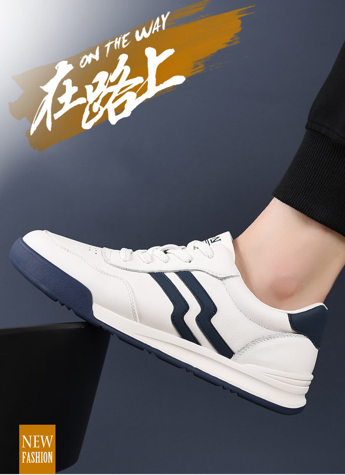 Giày sneaker nam da bò thật phối màu tương phản, cổ thấp, đế bệt — Màu trắng, Màu đen chi tiết 2