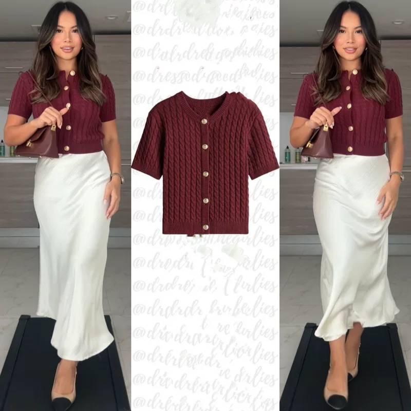 Brand fitted fashionable knitted cardigan, European style, Aliexpress, round collar, with short sleeve