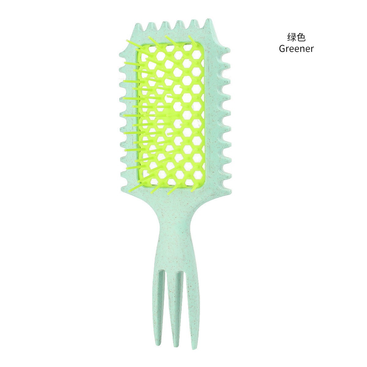 녹색 손잡이와 녹색 이빨이 있는 밀짚 삼지창 튀는 속이 빈 빗(OPP 가방)
