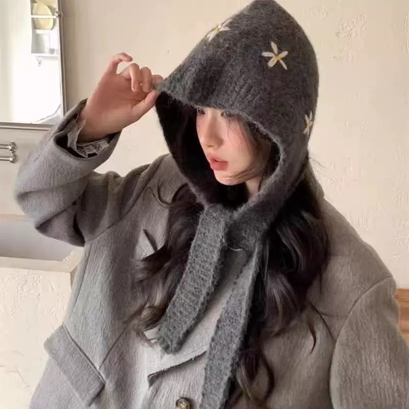 巴拉克拉法帽红色包头帽保暖防风护耳帽子围巾一体小花针织毛线帽|undefined
