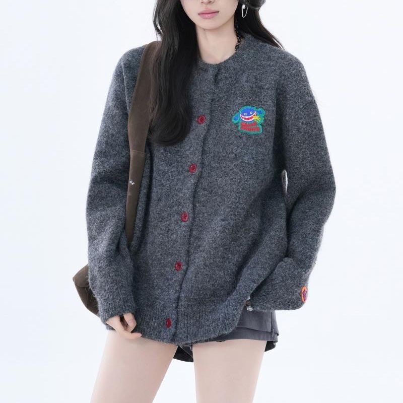 美式个性刺绣个图案圆领长袖针织开衫男女宽松休闲百搭潮ins毛衣|undefined