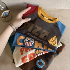 Children's Long-Sleeve T-Shirt 2023 Autumn New Boys and Girls Korean Version Cartoon Letter Color Block Shoulder Sleeve Base Shirt Round Neck T