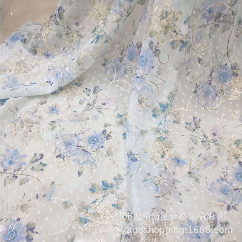 夏季花边现代精细花型印花多色雪纺印花绣花连衣裙布料 厂家现货