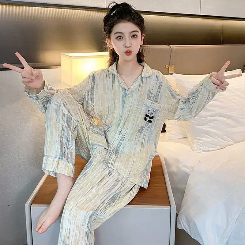 Girls' Cotton Pajamas, Spring and Autum Long-Sleeved Pants Suits, Medium and Large Kidsren's Girls' Cardigans, Home Clothes That Can Be Worn Outside