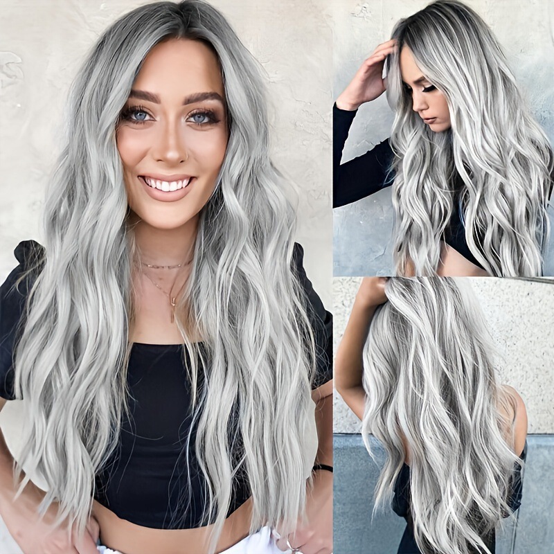 Women's Gradient Gold Black End Wavy Wig, Long Wavy Wig with Bangs, Natural Looking