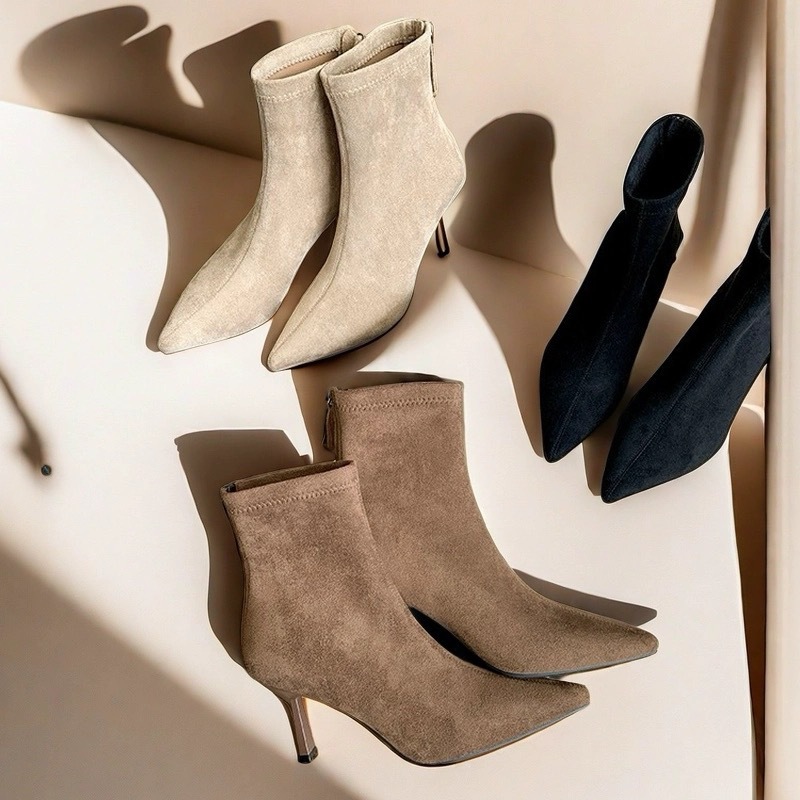 2025 New Autumn and Winter Black High-Heeled Short Boots for Women with Stiletto Heels and Pointed Toes Fleece-Lined Short Boots with Niche Design and High-End Feel