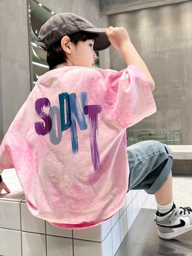 Children's summer clothing for boys, medium size, Korean style, stylish and casual, loose print letter T-shirt for boys, trendy