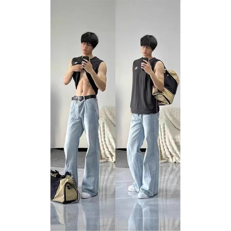 Layered Light Blue Flared Jeans for Men, High-Waisted Slim-Fit Straight Pants, American High Street Style, Slim-Fit Scimitar Pants