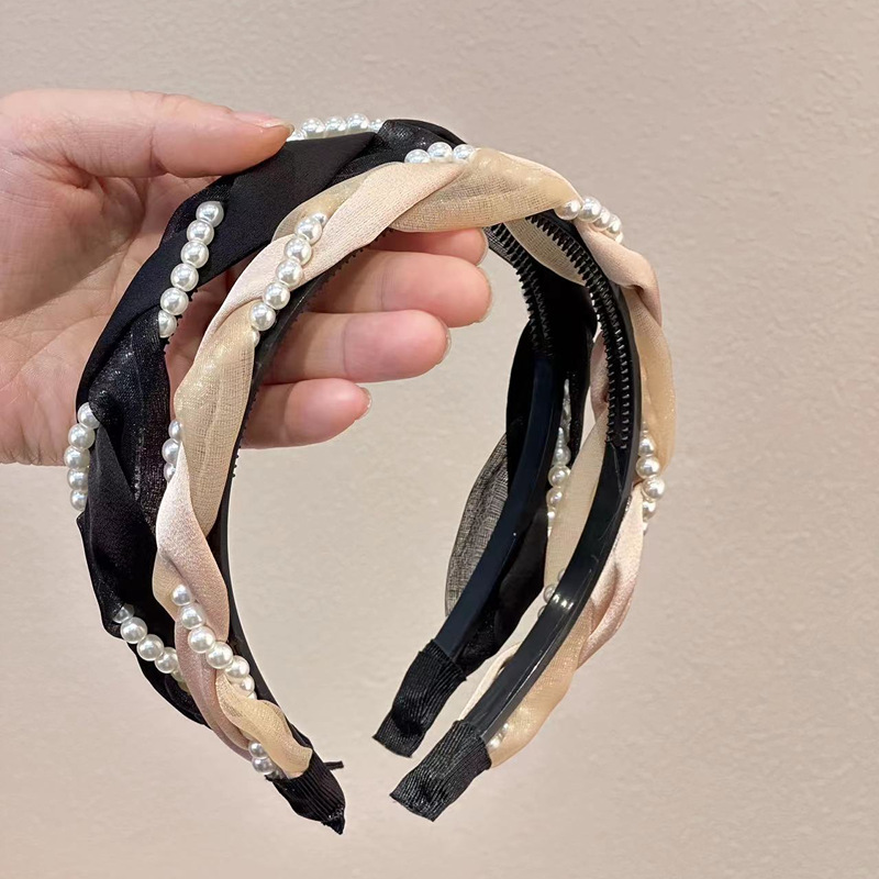 網紅氣質麻花珍珠發箍外出法式高顱頂發卡頭飾防滑壓發頭箍女發捆