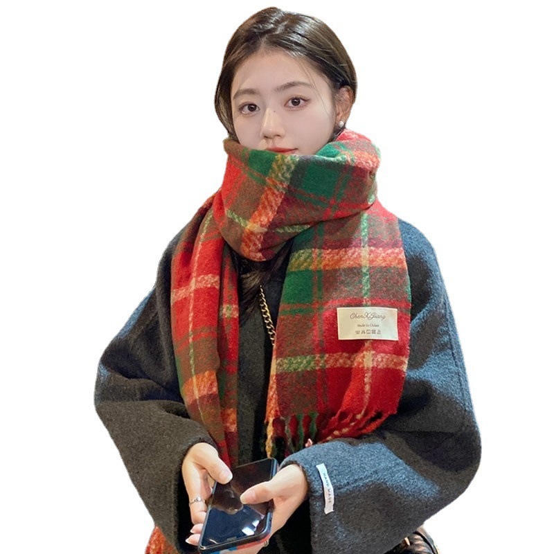 圣诞格子围巾女新款秋冬韩版百搭仿羊绒披肩加厚保暖情侣流苏围脖|undefined