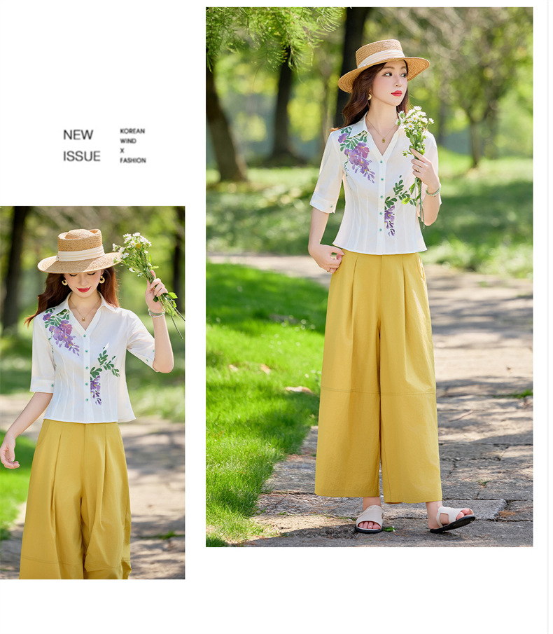 Bộ vest nữ hai mảnh áo sơ mi in họa tiết kết hợp quần ống suông cạp cao — Màu ảnh chi tiết 13