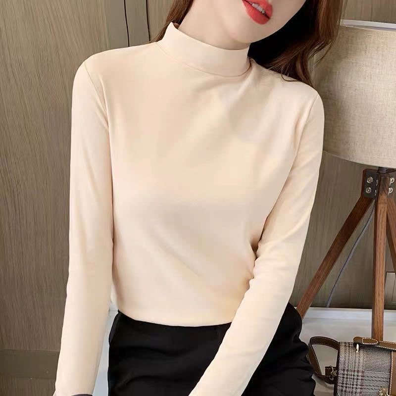 Camisa de fondo negro de terciopelo de cuello alto para mujer Otoño e Invierno Nuevo estilo coreano camiseta gruesa de manga larga de terciopelo de doble cara top a juego