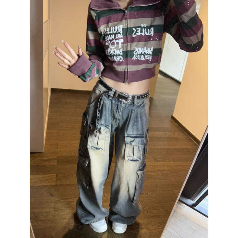 【广州新塘牛仔】多口袋设计感高街美式工装牛仔裤女阔腿宽松做旧|undefined