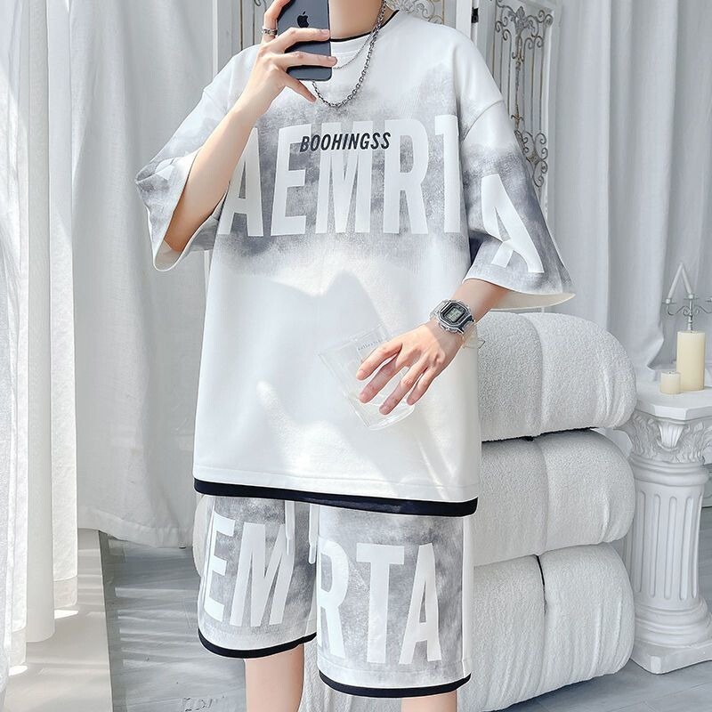 American High Street Short-Sleeved T-Shirt Men's Shorts Casual Suit Men's Summer Youth Fake Two-Piece Wear with a Complete Set