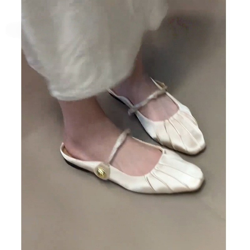 女性用フレンチトゥハーフスリッパ、プリーツ高級メリージェーンシューズ、ミュール、万能サンダル|undefined