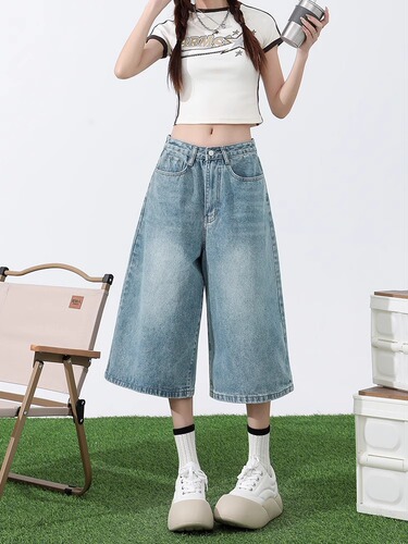 Jeans for women, summer, light-colored large size, seven-cent, 2025 new style, thin, loose, high-waist, light-colored straight, wide-leg pants for women