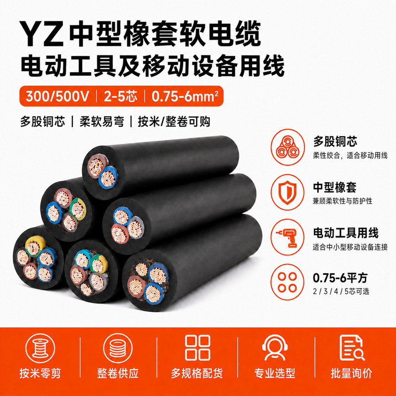 YZ medium-sized rubber sheathed flexible cable 300/500V national standard pure copper 2345 core 0.75-6 square mm electric tool wire