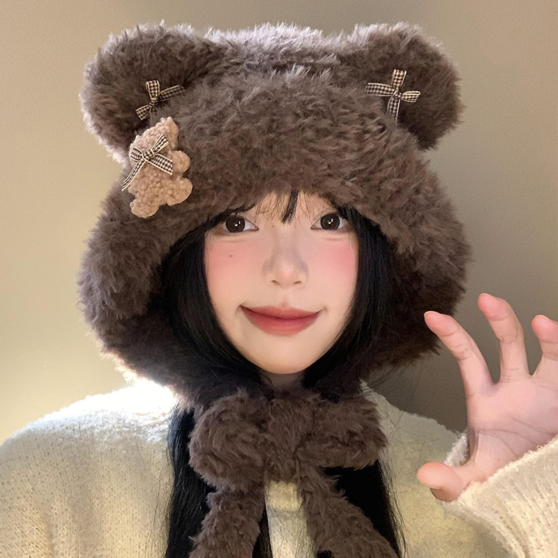 Hermoso arco de oso orejas gorra de peluche para mujeres otoño y invierno cara pequeña gorra de punto protector de orejas gorra de calor frío