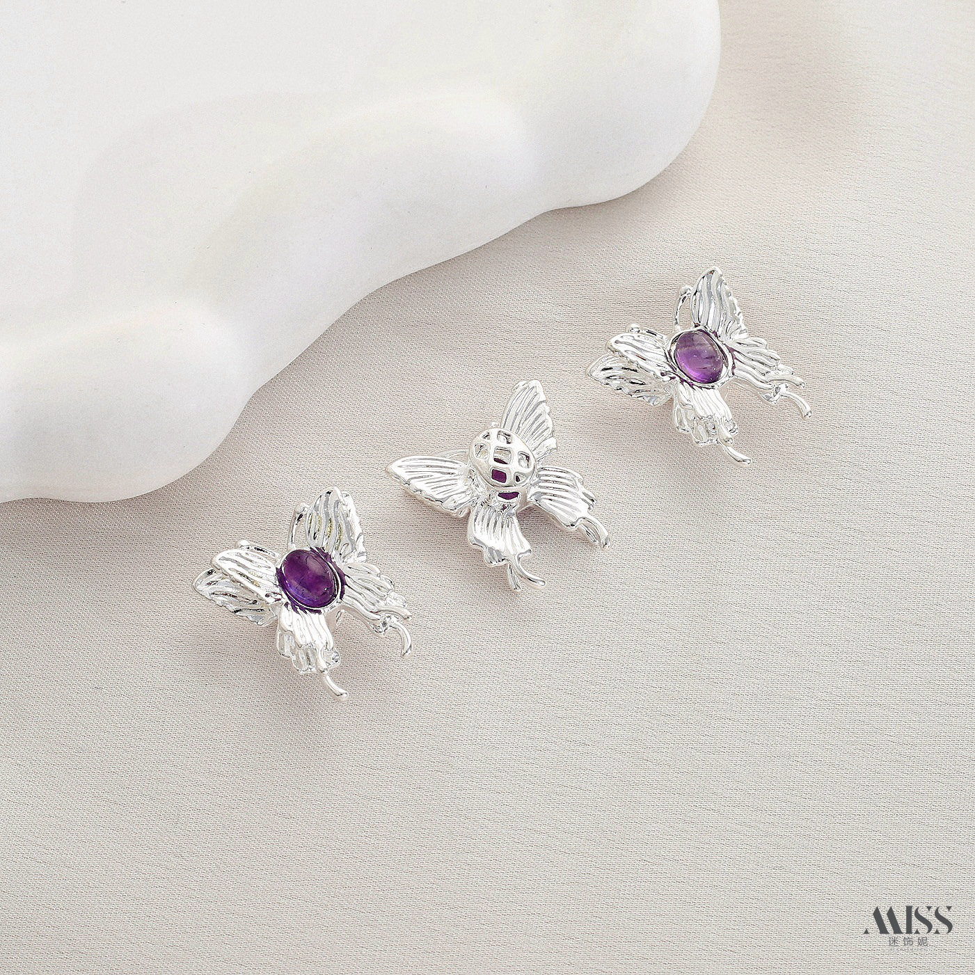 Inlaid with natural amethyst, plated with real gold and thick silver, angel and osmanthus drop-shaped decorative bead pendant DIY jewelry accessories