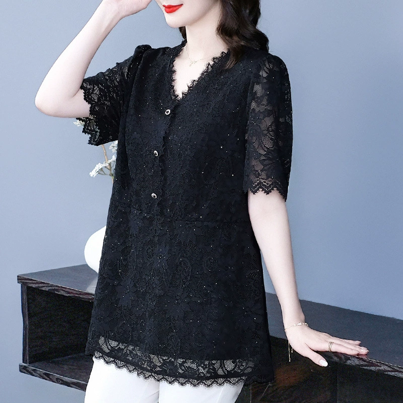 2025 Новый модный кружевной темперамент тонкий высококачественный тонкий тонкий рубашка 250 фунтов толстая мама женский топ