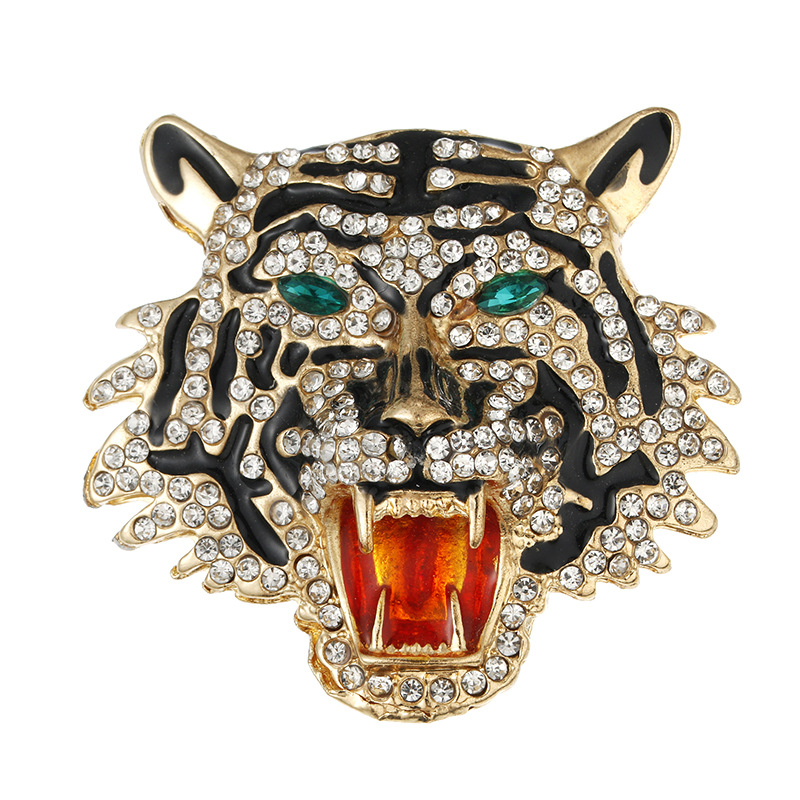 Men's Unique Creative Diamond-Studded Dominant Brooch Twelve Zodiac Tiger Head Animal Pin Necklace Dual-Use_voghion.com