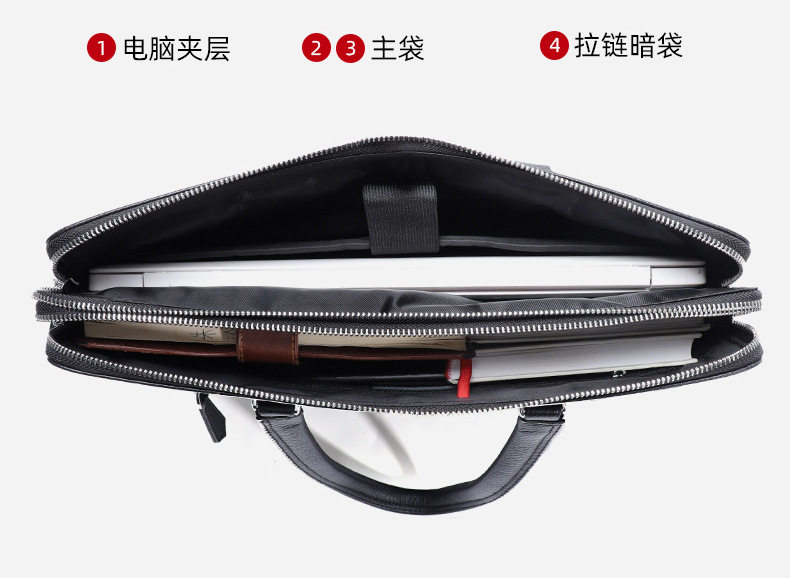 Cặp công sở mỏng da bò thật hai dây kéo, túi xách tay đeo chéo vai cho nam, đựng laptop 14 inch, 38,5×6×28 cm — Màu đen chi tiết 9