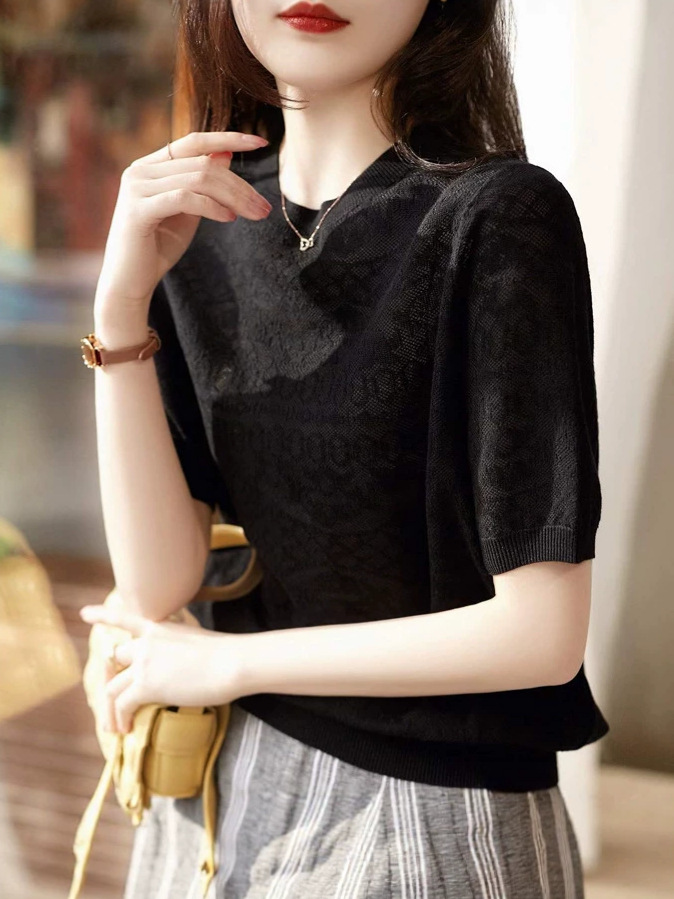 Áo thun nữ tay ngắn ren jacquard Hàn Quốc — đen
