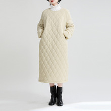 2023冬季新款日系时髦设计师圆领绑带菱格长裙宽松显瘦长款棉服女