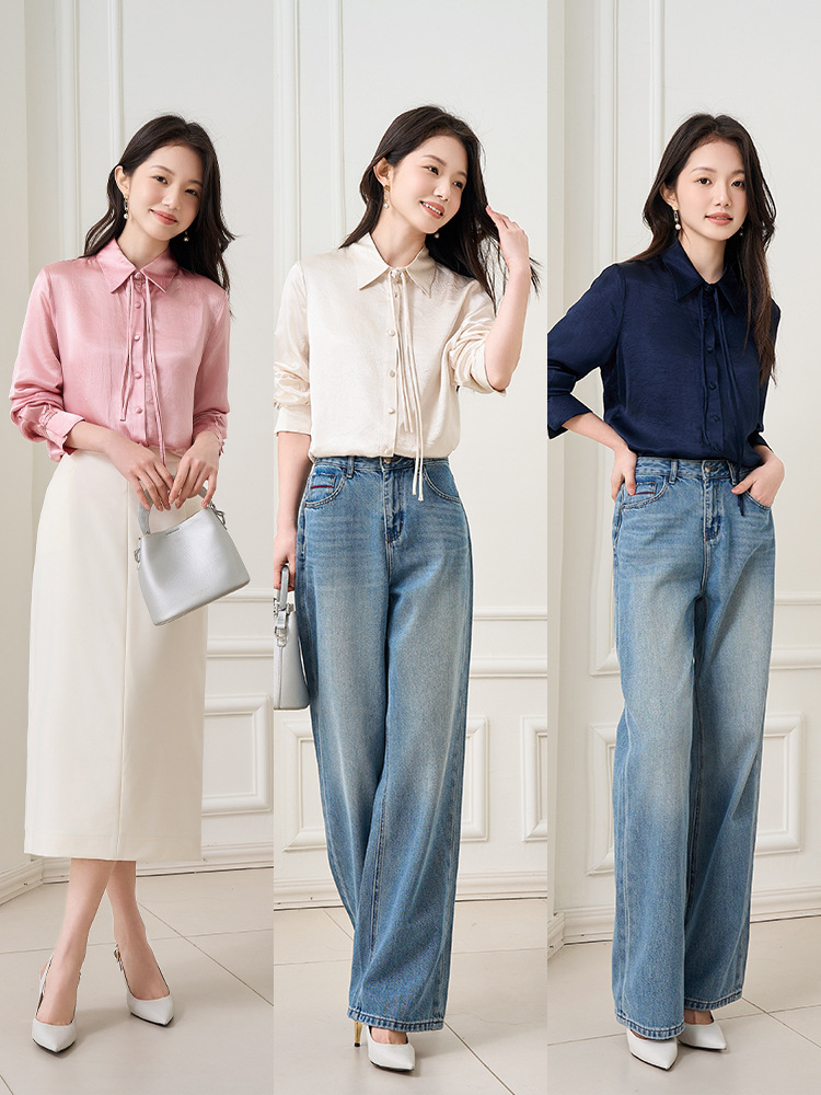 Áo sơ mi nữ dài tay chất liệu acetate phong cách tân cổ điển — Màu xanh navy
