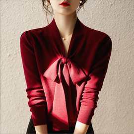 秋装针织衫领上衣女2021秋季新款酒红蝴蝶结短款宽松薄款打底衫