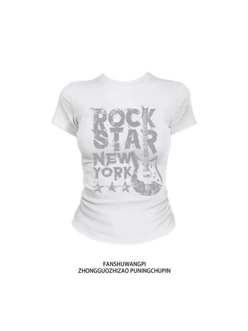 American-Style Spicy Girl Ins Print Short-Sleeve Regular Shoulder Summer Round-Neck T-Shirt Design New Slim-Fit Versatile Short-Sleeve Top