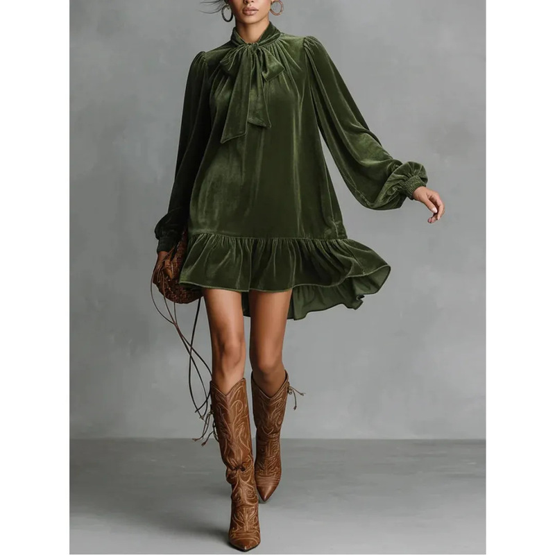 2026 European and American cross-border vintage solid color bow lantern sleeve long sleeve ruffled elegant velvet mini dress